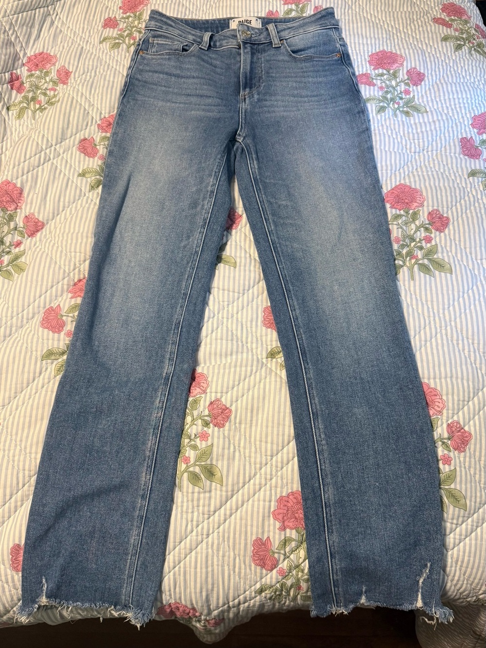 PAIGE Medium Wash Straight Leg Jeans with Frayed Hem